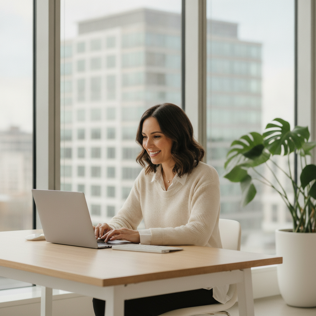 A business owner reviewing her AI visibility on a laptop