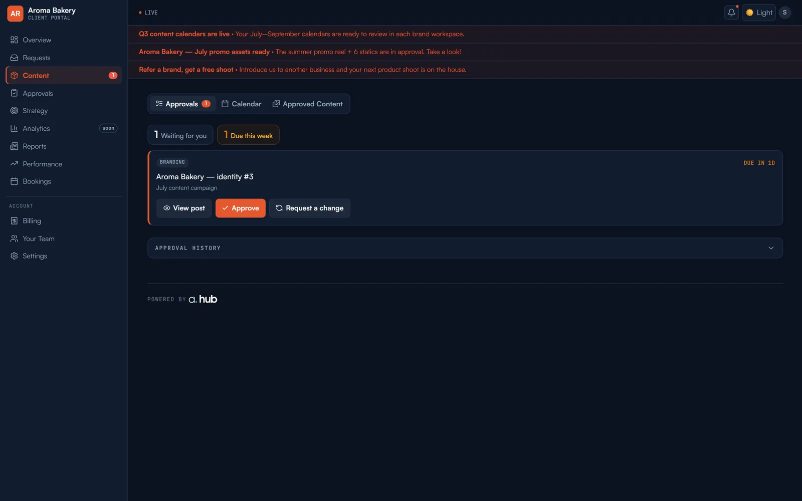 The client's content queue: what's waiting for them, what's due this week