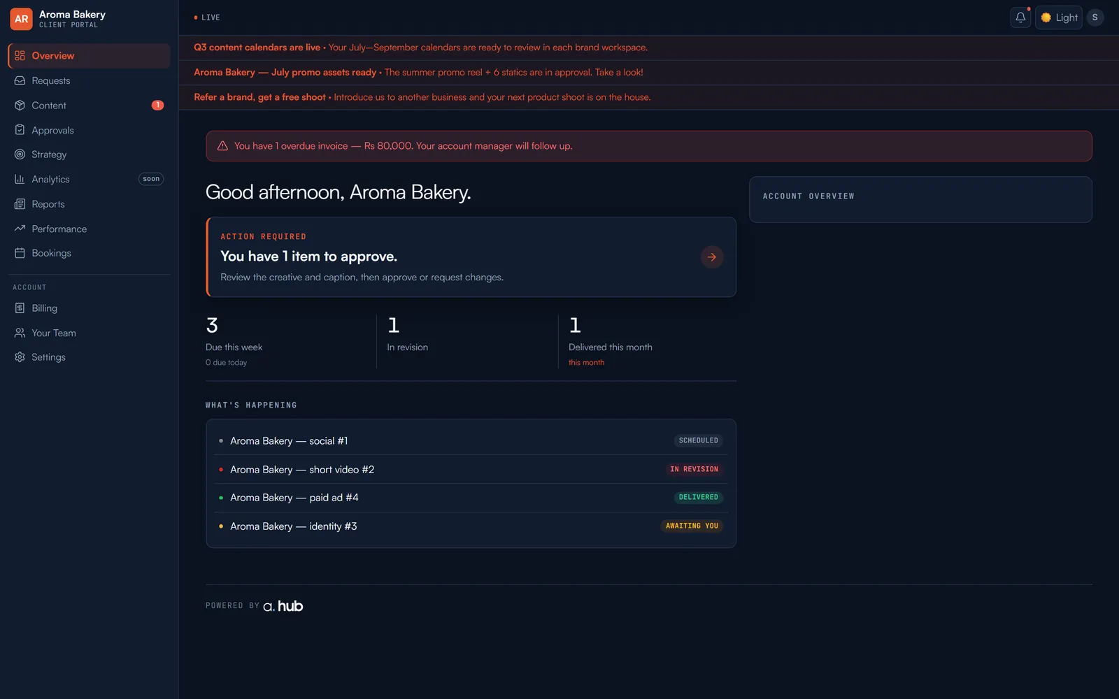 A branded, view-only a.hub client portal showing work awaiting the client's approval