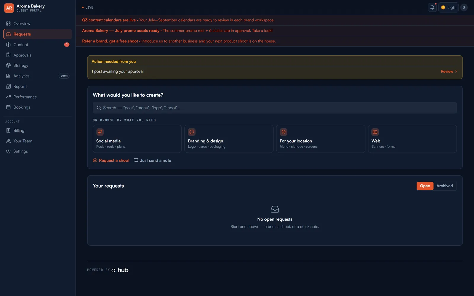 The client raises a request: social, branding, location or web